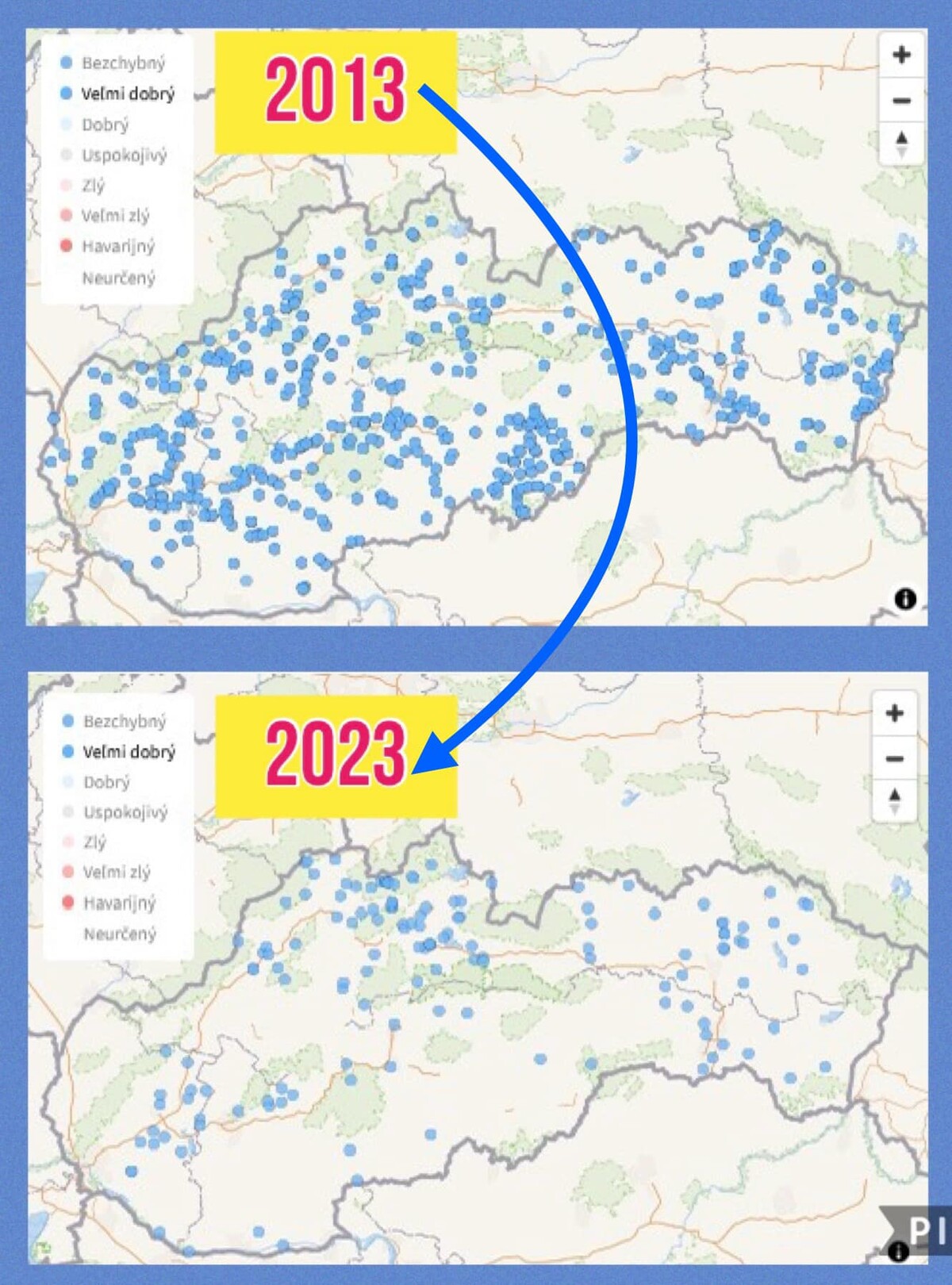 Trend vývoja stavu mostov s hodnotením "veľmi dobrý" na cestách 2. a 3. triedy v správe žúp