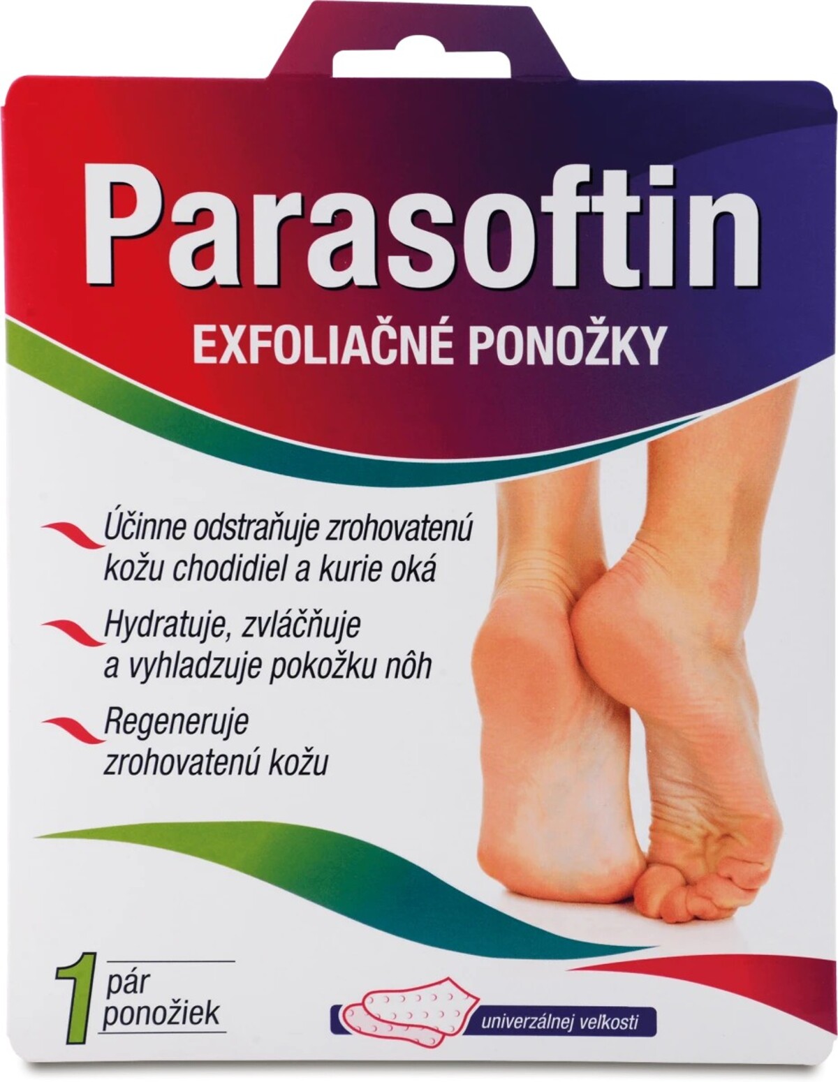 Exfoliačné návleky Parasoftin, 7,45 €/1 pár. Obsahuje komplex extraktov (extrakt z medu a extrakty z rastlín: opuncia figová, hruška, marakuja, citrón, grapefruit a ananás), ureu, alantoín a AHA/BHA kyseliny. Kúpiš v drogérii aj online.