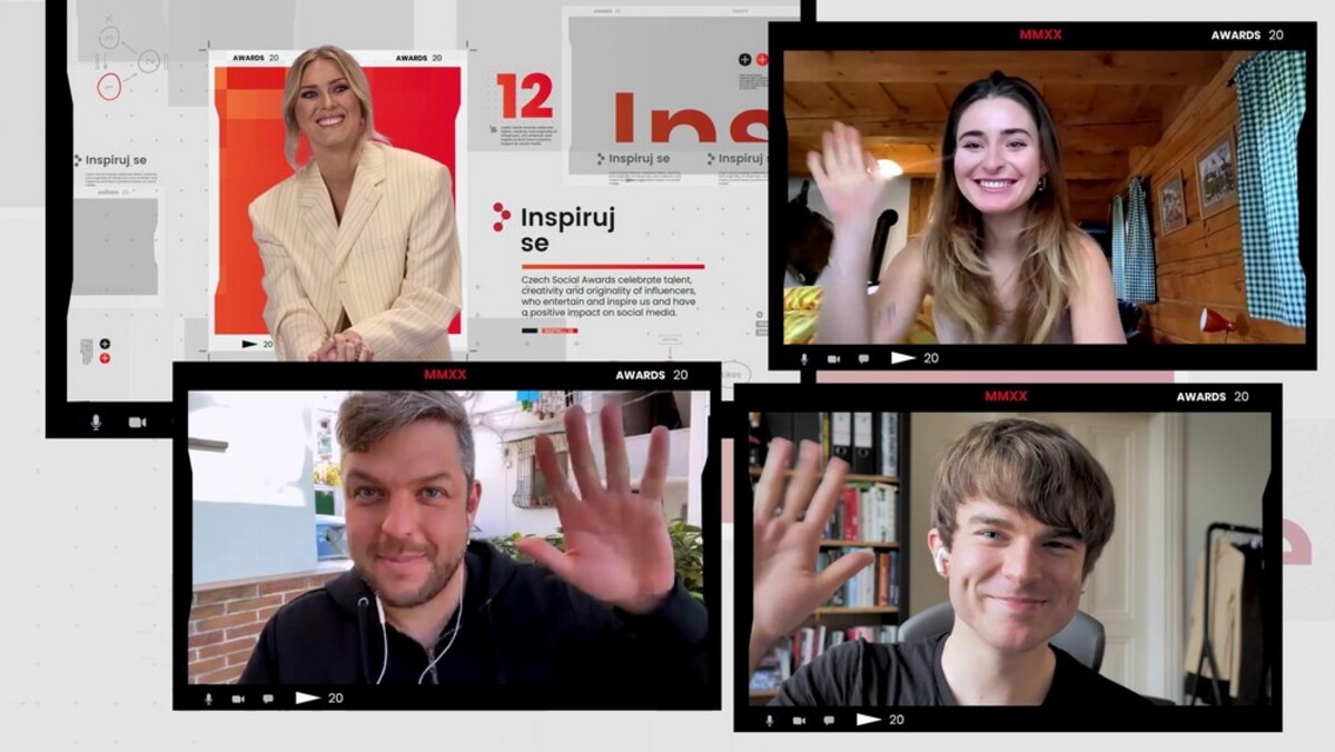 Ocenění cenou Czech Social Awards. Zleva nahoře: moderátorka Zorka Hejdová, Anna Šulc, Petr Ludwig a Kovy