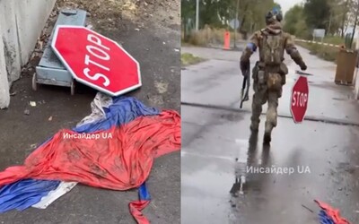 VIDEO: Ukrajinská armáda sa dostala až k hraniciam s Ruskom. Značku STOP symbolicky otočili tak, aby ju Rusi nabudúce videli.