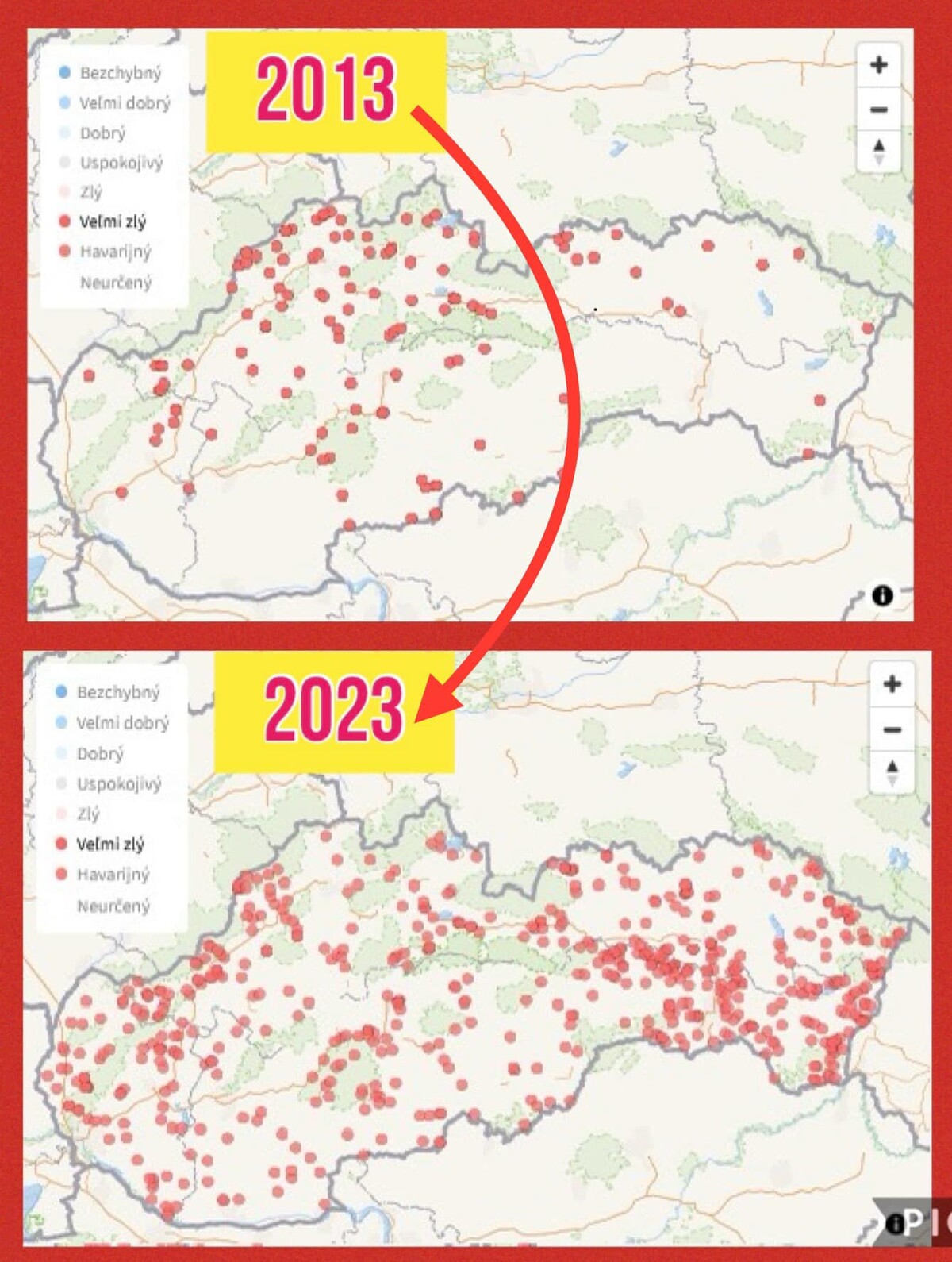 Trend vývoja stavu mostov s hodnotením "veľmi zlý" na cestách 2. a 3. triedy v správe žúp. 