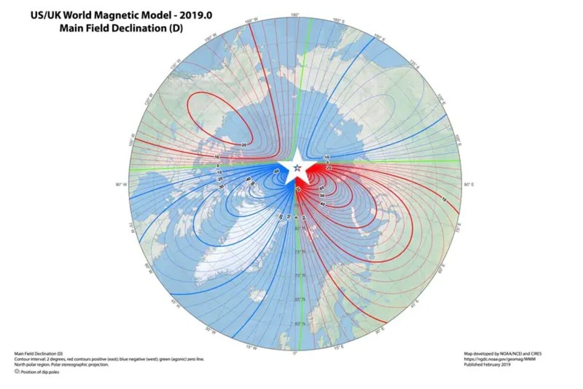 Nejnovější verze světového magnetického modelu. Bílá hvězda označuje aktuální polohu severního magnetického pólu