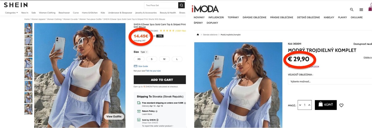 Porovnanie totožného produktu na stránke Sheinu a na slovenskom eshope iModa.sk.