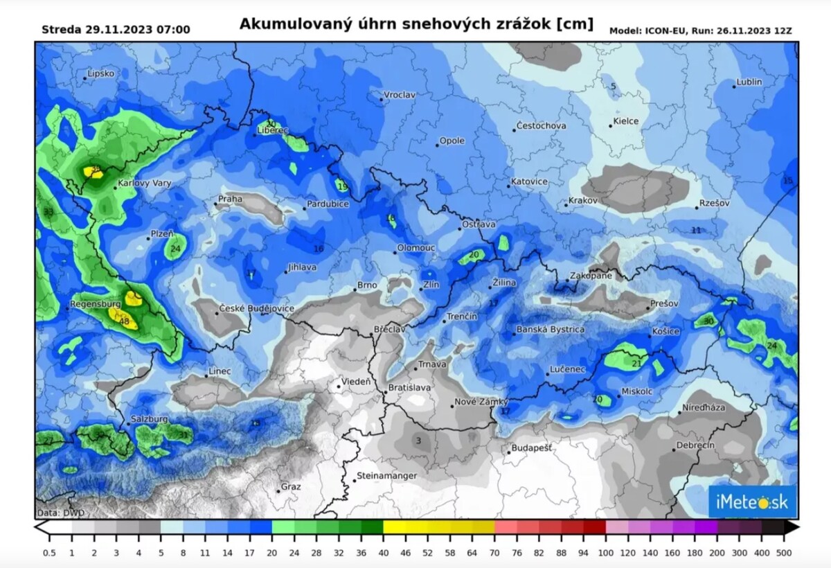 Mapa očakávaného množstva snehových zrážok.