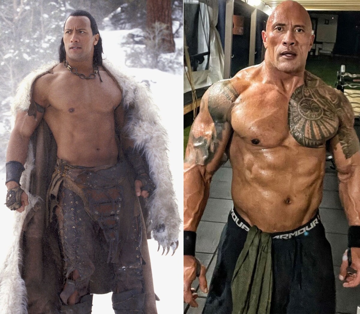 Naľavo je The Rock vo filme Kráľ Škorpión z roku 2002.