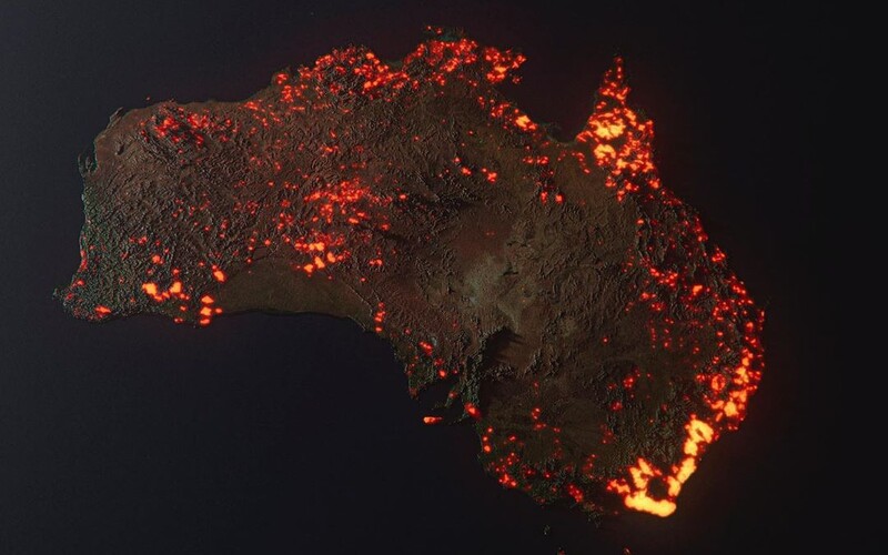 Sociálními sítěmi se šíří vizualizace Austrálie v plamenech. Instagram na ni upozorňuje jako na nepravdivou informaci.