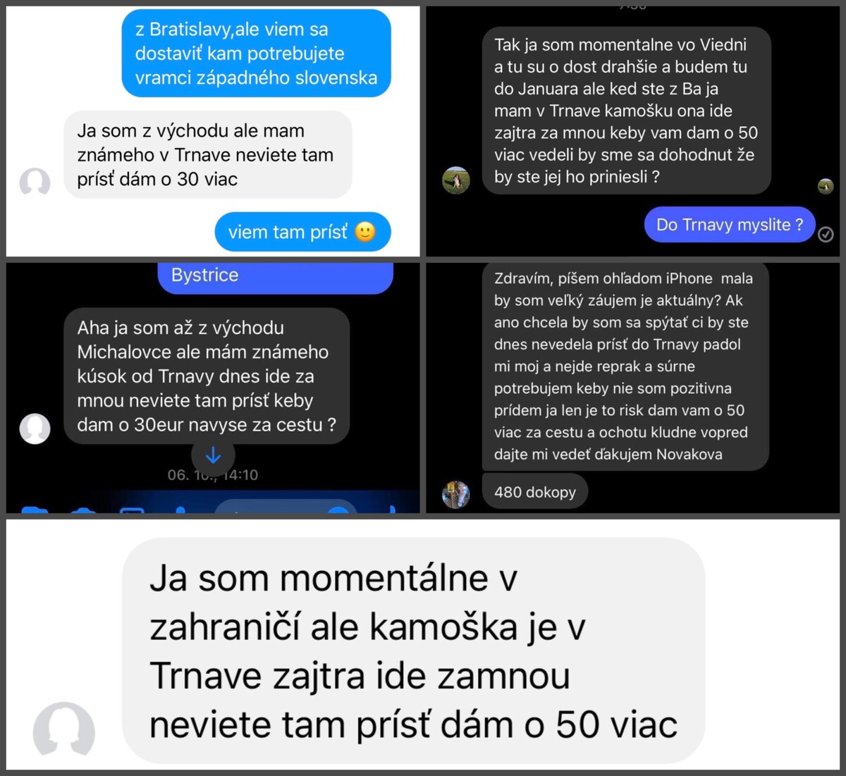 Screenshoty konverzácií obetí s podvodníkom. Každému písal úplne rovnaký typ správy.