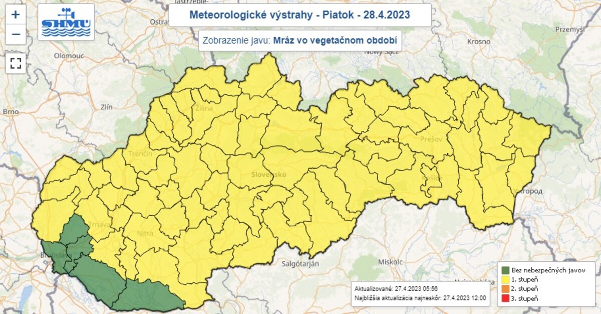 Mapa výstrah pre piatok 28. apríla 2023.