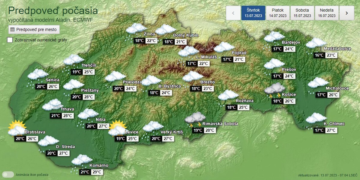 Predpoveď počasia na štvrtok 13. júla 2023.