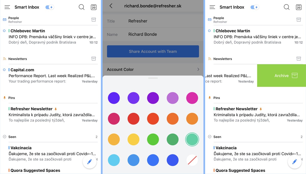 Vľavo je smart inbox, ktorý delí správy podľa kategórie, prečítanosti a dôležitosti, v strede je prispôsobenie farebného kódovania, vpravo gesto archivovania správy.