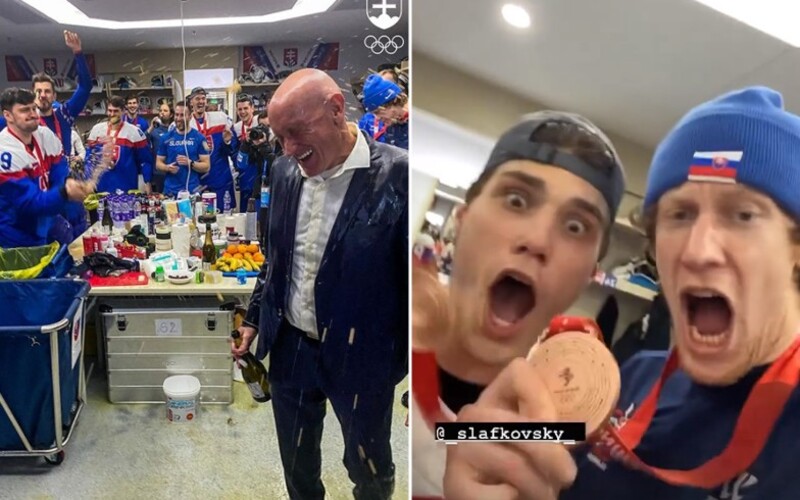 VIDEO: Takto slovenskí hokejisti oslávili bronz v kabíne. Šampanským zmáčali trénera Ramsayho a skákali pri tradičných ľudovkách.