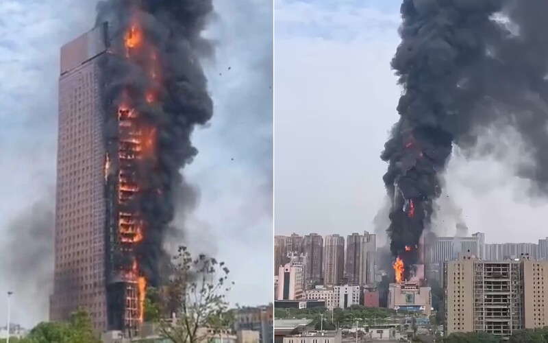 VIDEO: V Číne horel 200-metrový mrakodrap. Pri mohutnom požiari zasahovali stovky hasičov.