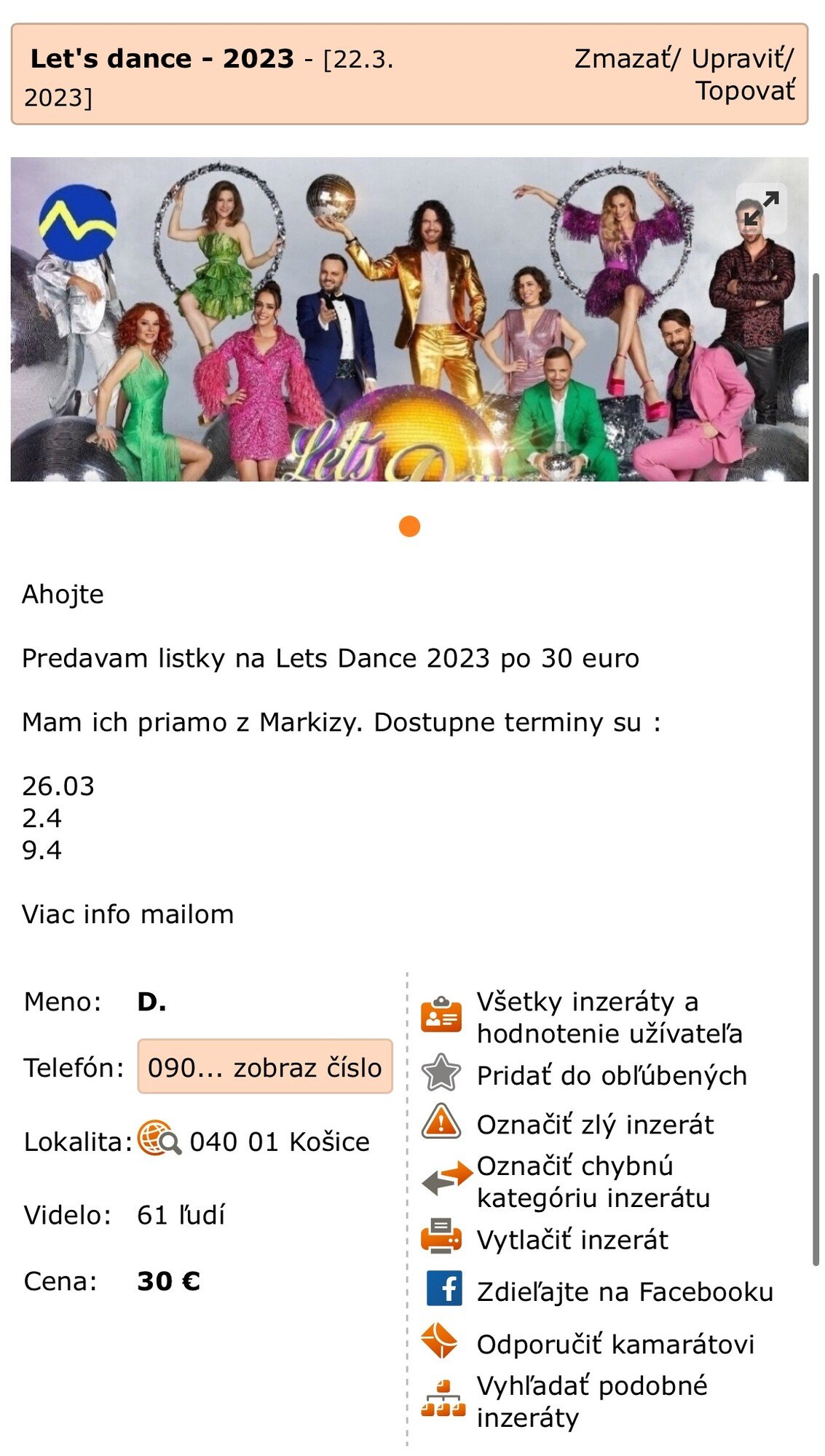 Jeden z inzerátov na Bazoši, v ktorom podvodník ponúka falošné vstupenky na nakrúcanie Let's Dance.