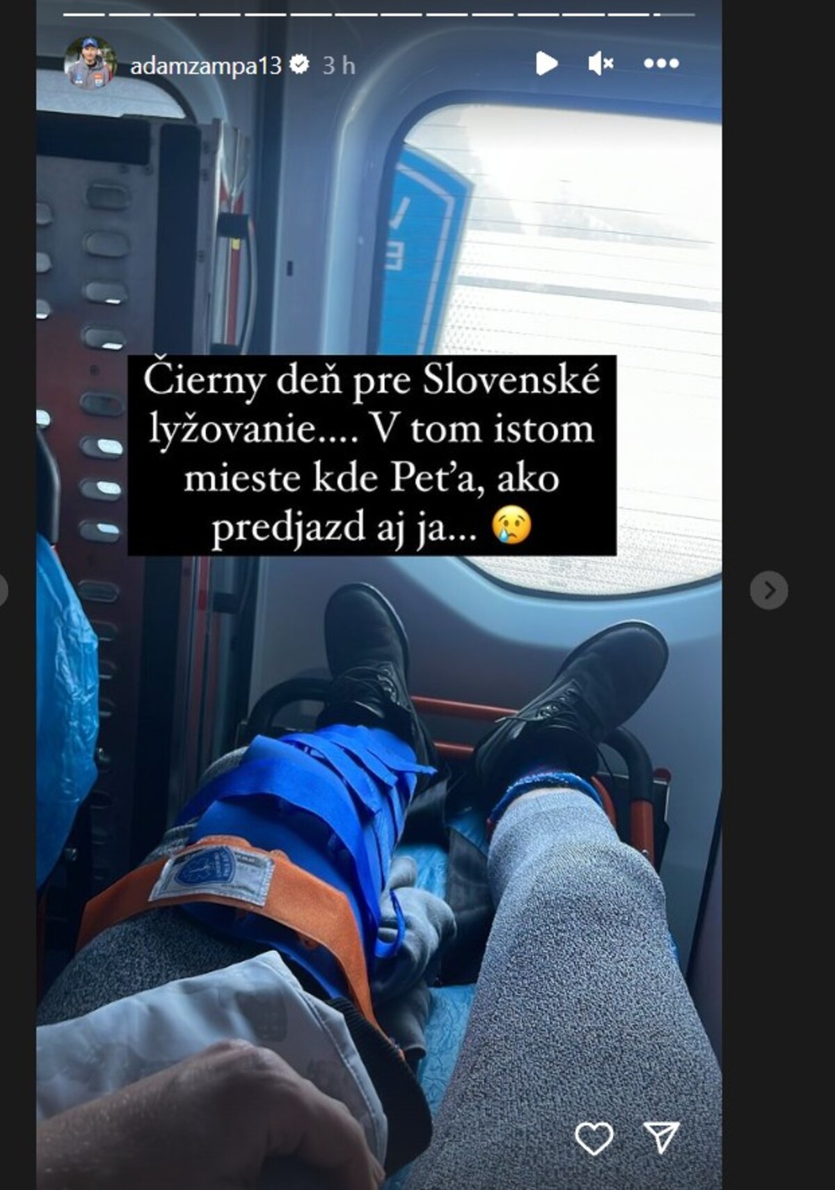 Adam Žampa na Instagrame oznámil, že spadol na rovnakom mieste ako Petra Vlhová.