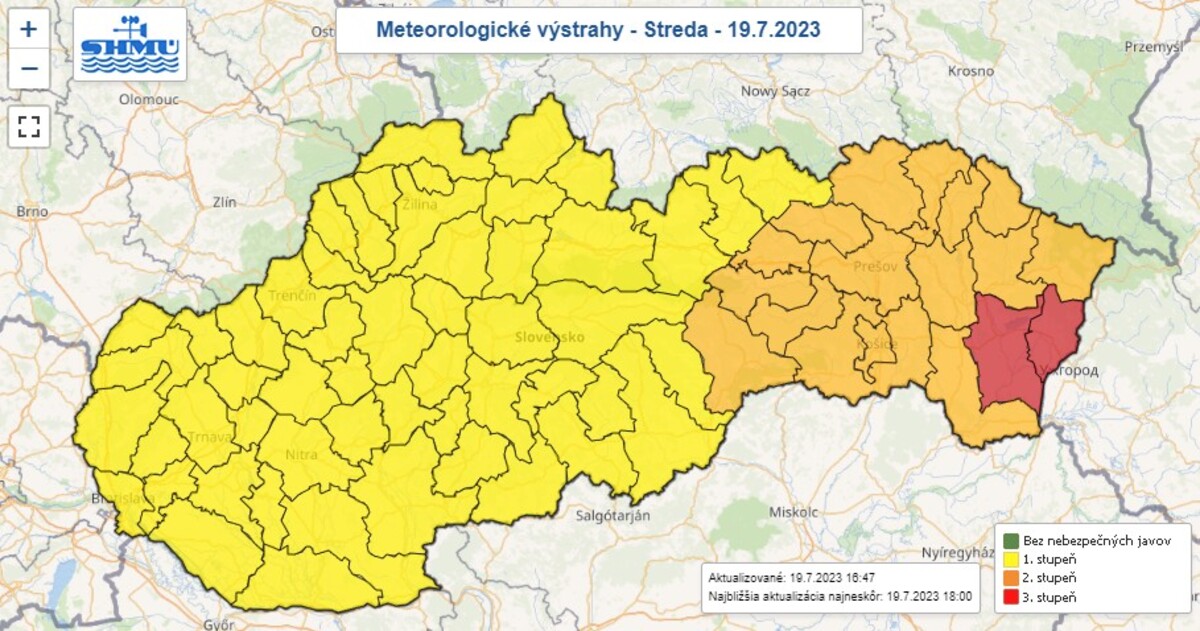 Meteorologické výstrahy na stredu 19. júla 2023.