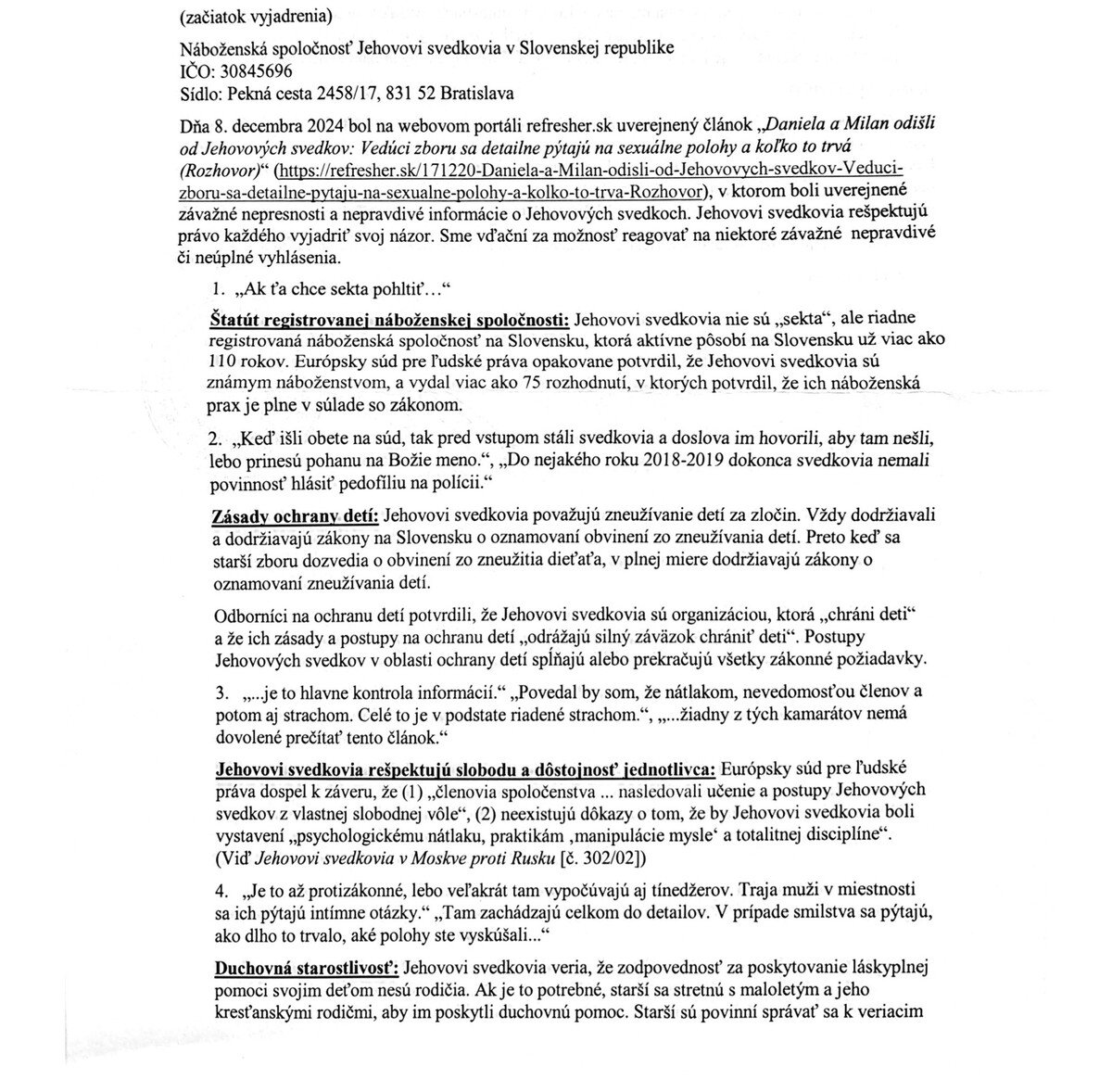 Vyjadrenie Jehovových svedkov