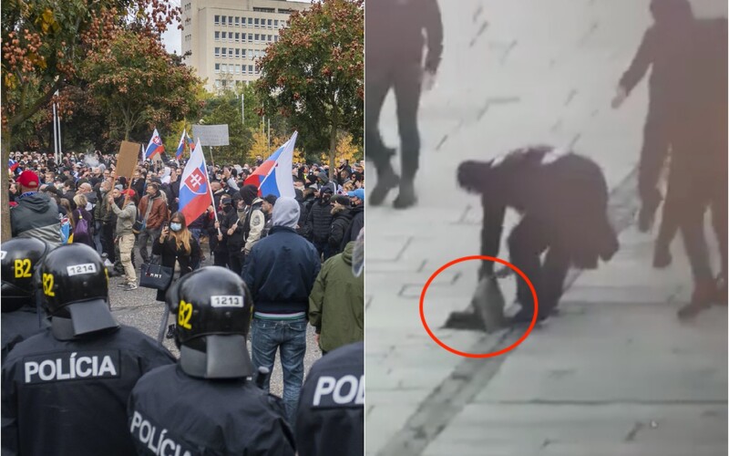 Protest proti Matovičovi: Demonštranti sa navzájom zranili zápalnou pyrotechnikou, žene vraj niekto hodil do hlavy dlažobnú kocku.