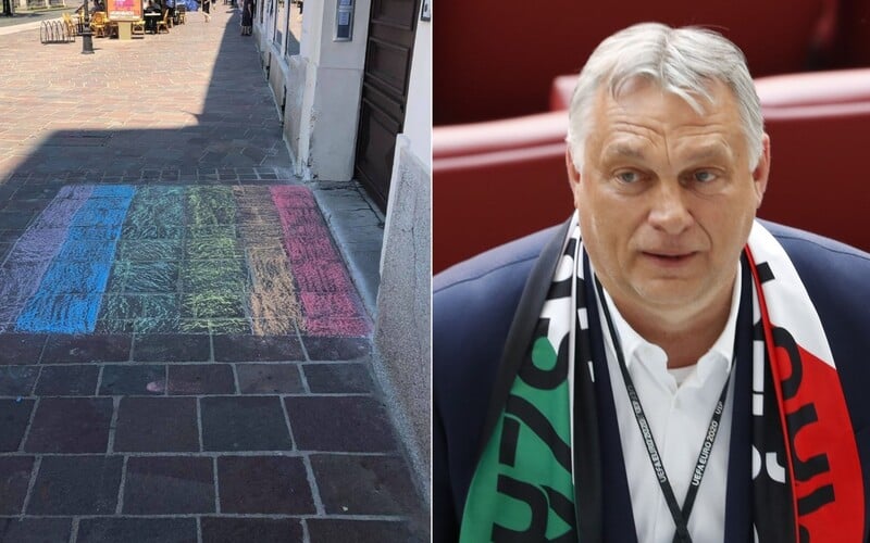 Pred maďarským konzulátom v Košiciach nakreslili dúhovú vlajku. Mladí SaSkári podpichujú Orbána.