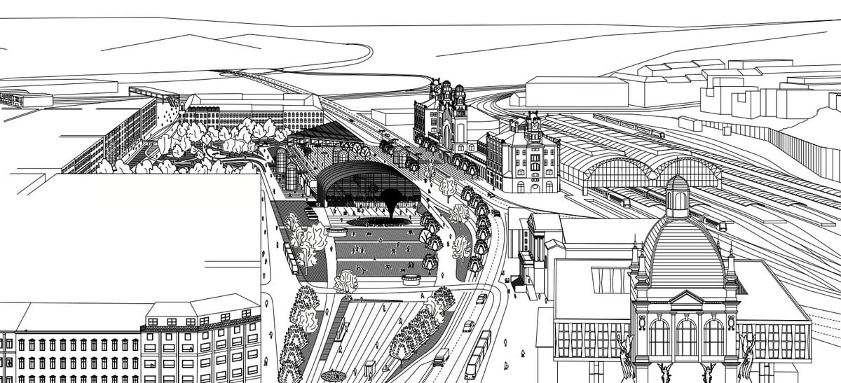 Kreslená perspektiva na návrh revitalizace hlavního nádraží v Praze od českého studia re:architekti.