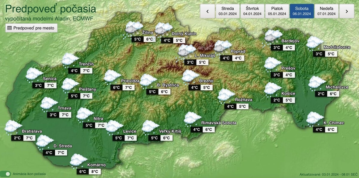 Predpoveď počasia na sobotu 6. januára 2024. 