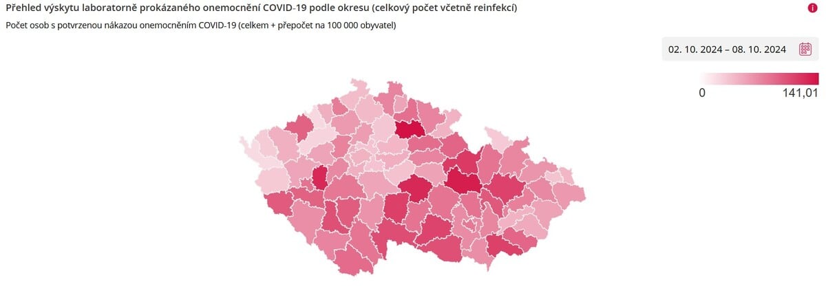 Přehled výskytu laboratorně prokázaného onemocnění COVID‑19 podle okresu