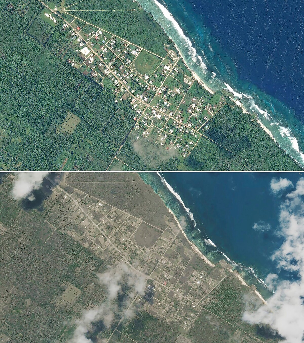 Na kombinovanej satelitnej snímke pohľad na dedinu Niutoua na tichomorskom ostrove Tonga pred erupciou podmorskej sopky Hunga Tonga-Hunga Ha'apa zo 14. januára 2022 (hore) a dole po erupcii 15. januára 2022.