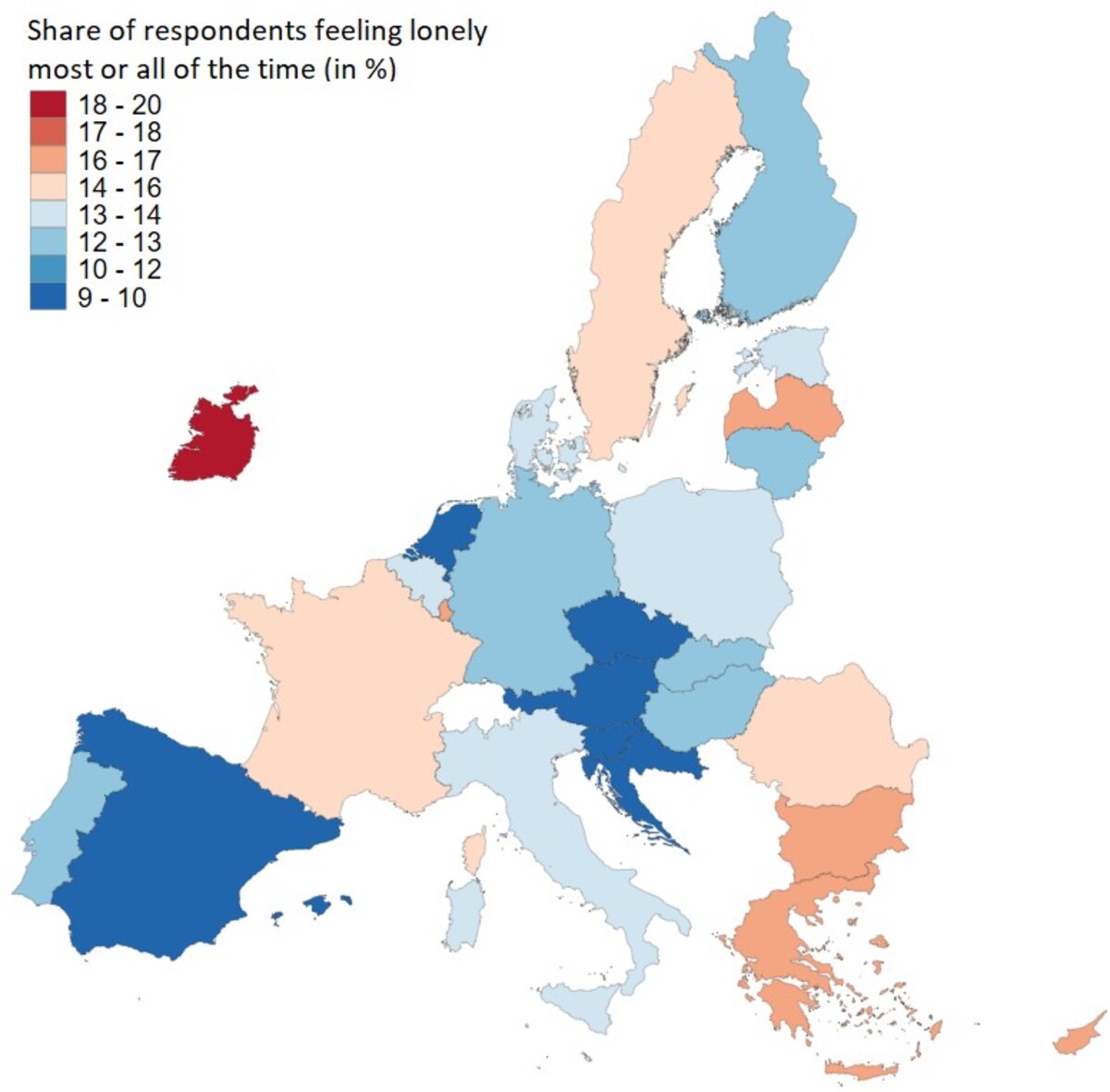 Mapa znázorňuje podiel respondentov, ktorí sa posledné štyri týždne pred prieskumom cítili osamelí väčšinu času alebo celý čas.