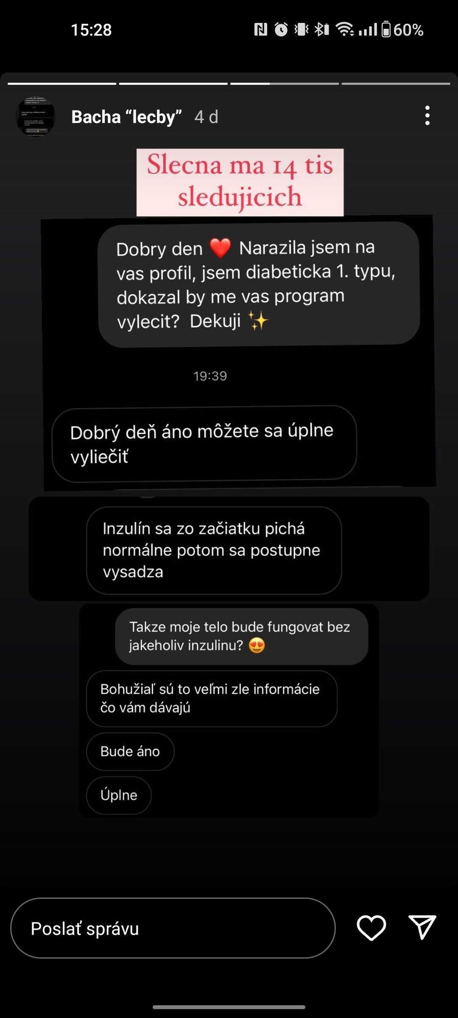 Screenshot jednej zo správ. Malinová v nej tvrdí, že je možné úplne inzulín vysadiť.