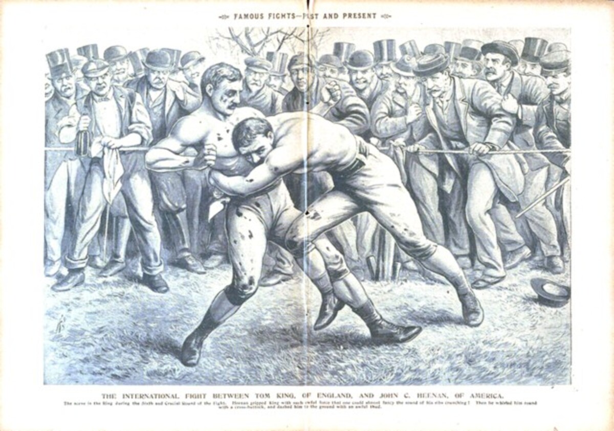 Medzinárodný súboj medzi Tomom Kingom z Anglicka a Johnom C. Heenanom z Ameriky v roku 1863.