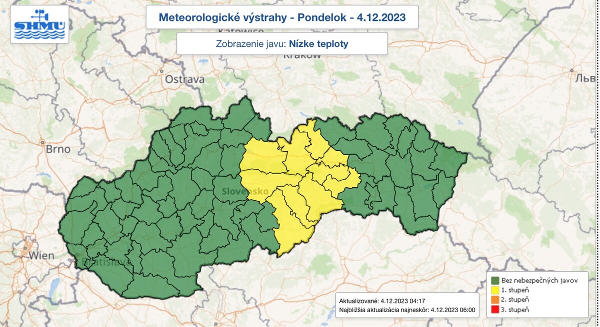 Výstrahy pred nízkymi teplotami na podnelok 4. decembra