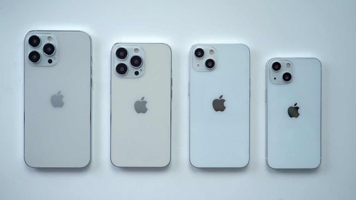 Predpokladaný vzhľad nových iPhonov 13. Zľava: 13 Pro Max, 13 Pro, 13, 13 mini.