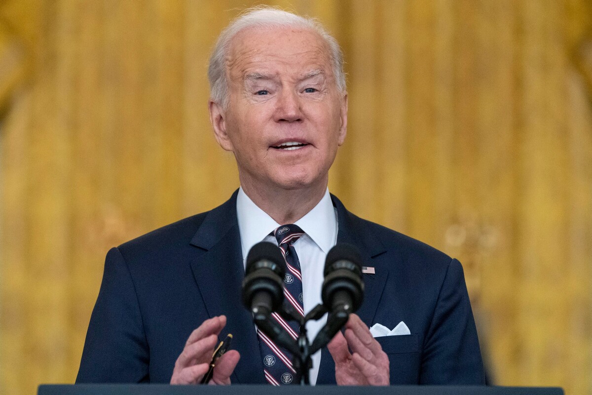 Joe Biden hovorí o Ukrajine počas tlačovej konferencie vo Washingtone 22. februára 2022.