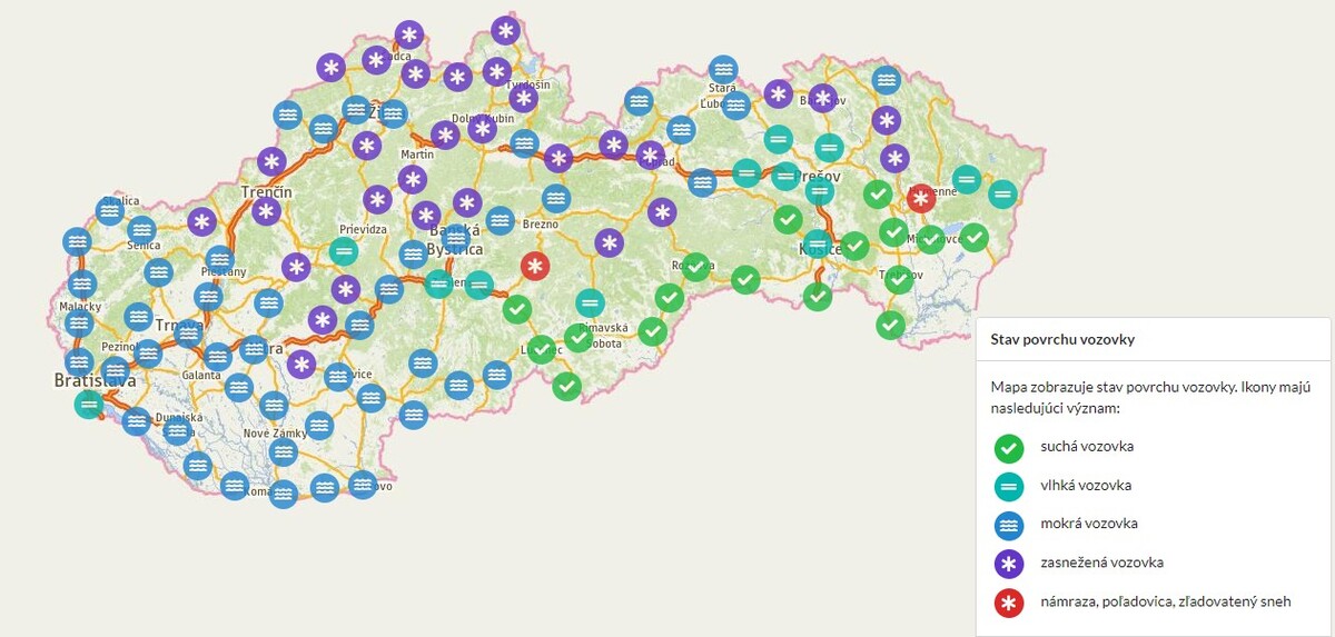 Aktuálny stav povrchu vozovky na Slovensku.