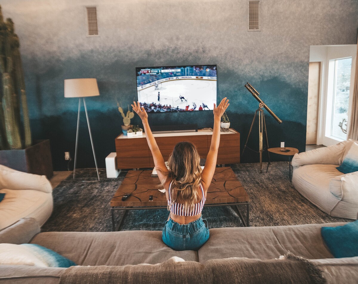 žena, hokej, žena sleduje televíziu, obývačka