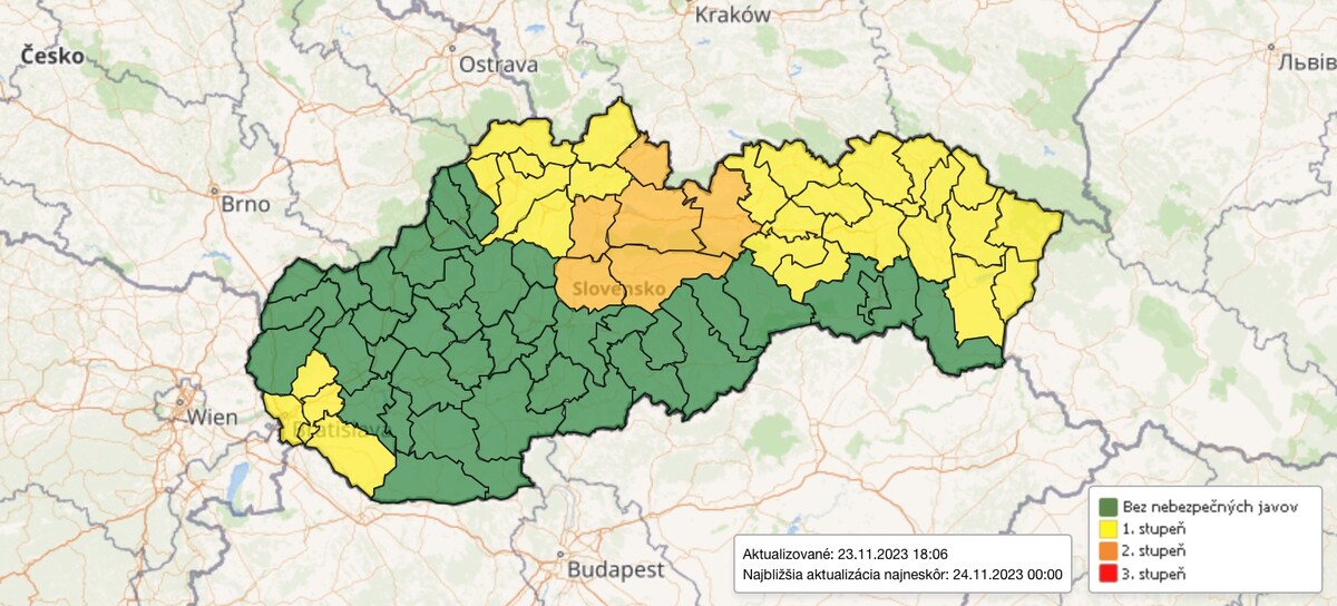 Meteorologické výstrahy počas piatka 24. novembra.