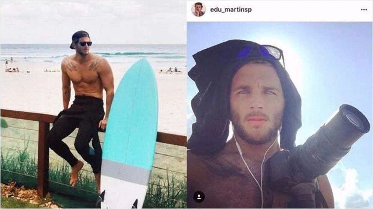 Snímky Martinse z jeho Instagramu. Ve skutečnosti se jedná o ukradenou identitu britského surfaře Maxe Hepworth-Poveyho.