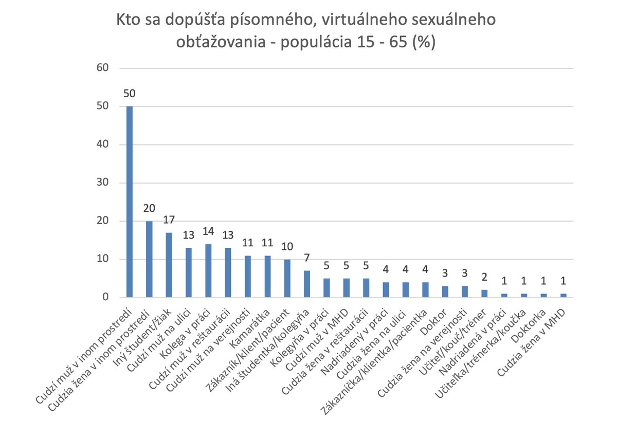 Virtuálneho, písomného obťažovania sa dopúšťajú najmä cudzí muži v inom prostredí, internet, sociálne siete (50 %), cudzie ženy v inom prostredí (52 %), iní študenti/žiaci (17 %) a kolegovia v práci  (14 %).