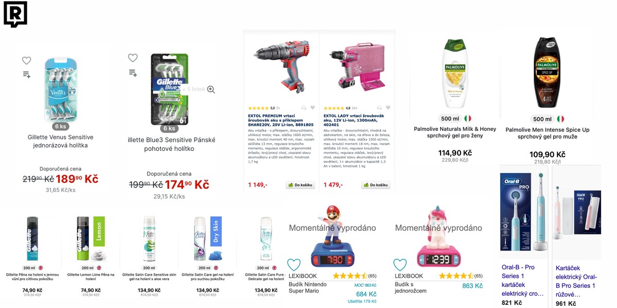 Výběr různých produktů, kdy „ženské“ či „dívčí“ varianty vyjdou dráž.