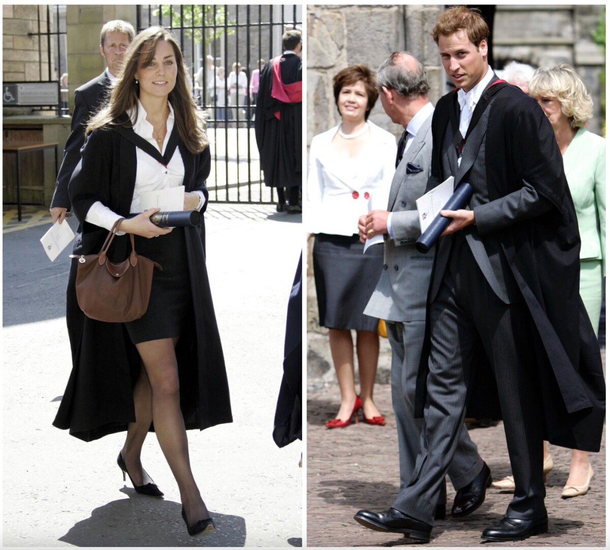 Kate Middleton (dnes princezná z Walesu) a princ William počas promócií na univerzite St Andrews v roku 2005. Medzi prítomnými nechýbala ani kráľovná Alžbeta II.