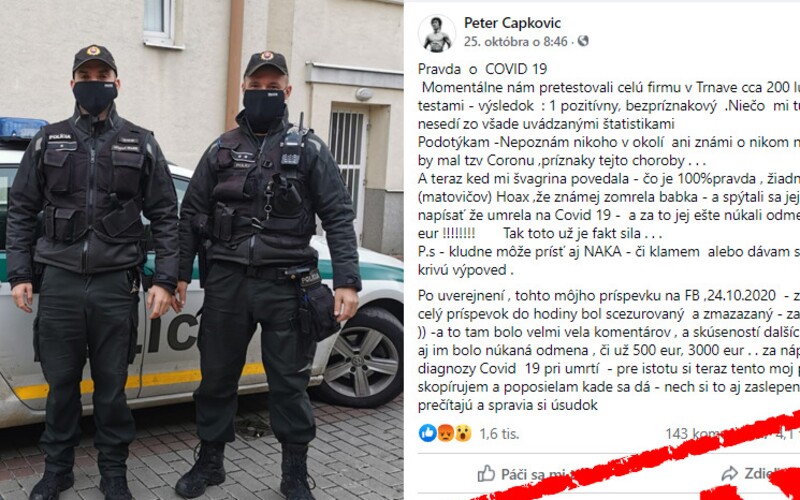 Slovákovi na dvere zaklopali policajti, lebo šíril hoax o Covid-19. Zľakol sa, svoj „100% pravdivý“ príbeh vraj počul od známej.