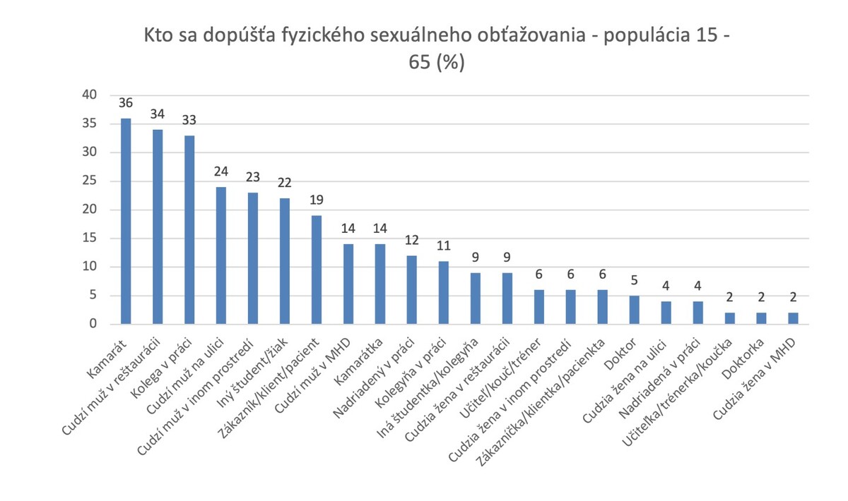 Fyzického sexuálneho obťažovania sa dopúšťajú najmä kamaráti (36 %), cudzí muži v reštaurácii (34 %), kolegovia v práci (33 %), cudzí muži na ulici (24 %) a cudzí muži v inom prostredí (23 %).