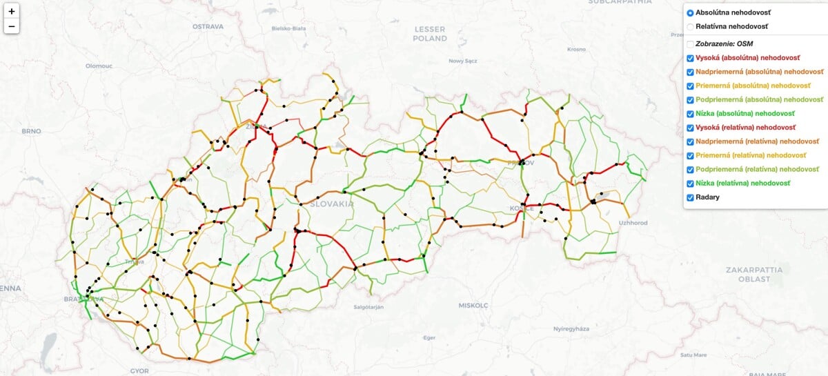 Mapa nehodovosti na Slovensku.