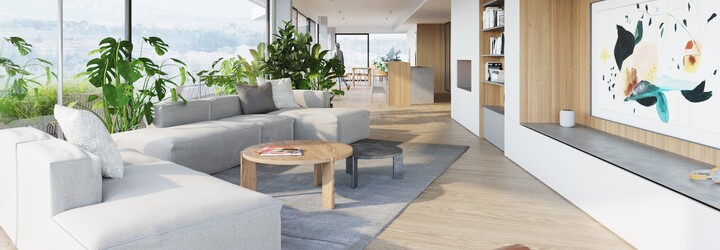 Modernou dýchajúci penthouse s nekonečným výhľadom na dominanty Prahy a kalifornskou atmosférou