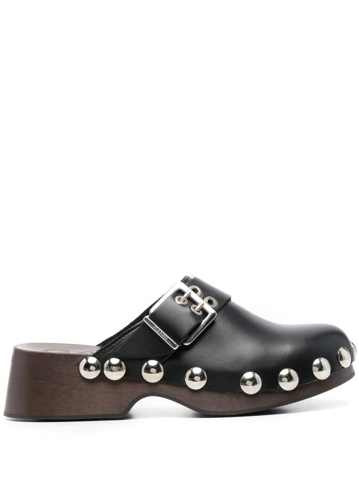 GANNI studded buckled clogs.