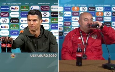 Ruský tréner sfúkol Ronaldove odmietanie Coca-Coly. Na tlačovke vzal obidve fľašky, jednu si otvoril a schuti sa napil.