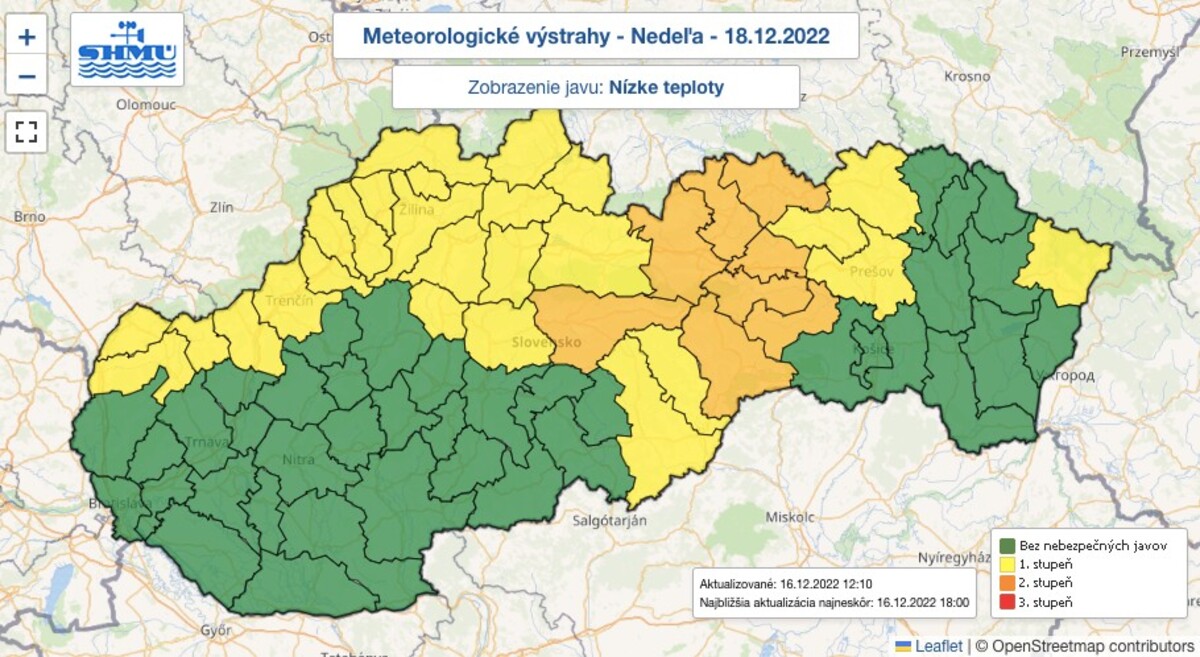 mrazy, SHMÚ, mínusové teploty