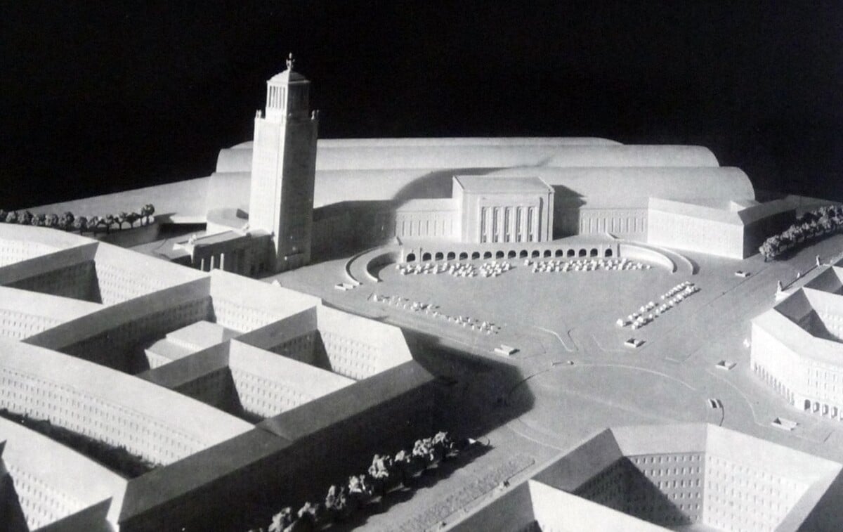 Návrh nového pražského nádraží z pera architekta Siegfrieda Theisse.