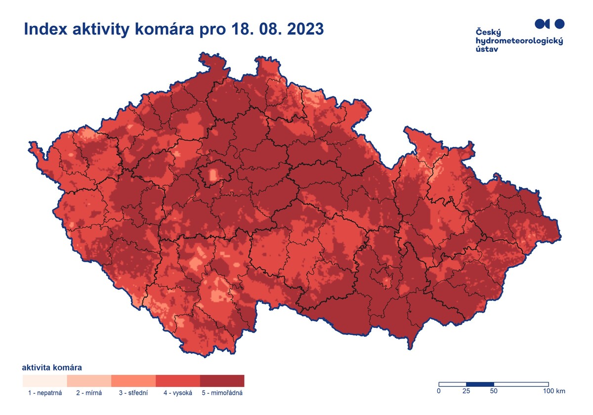 Mapa zobrazující aktivitu komára v ČR.