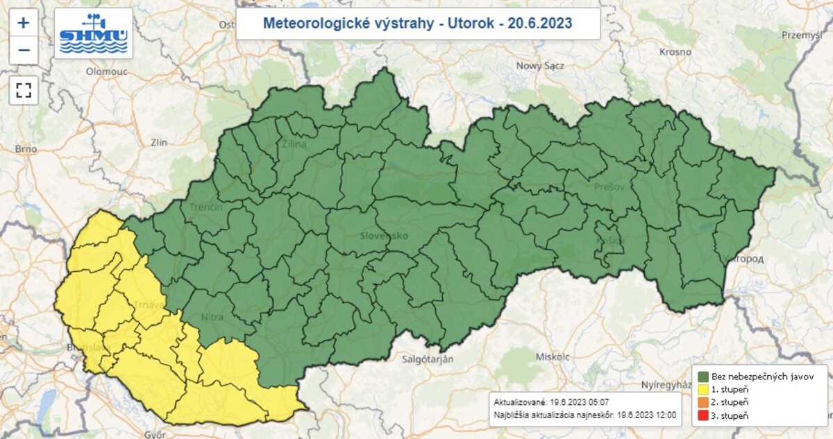 Meteorologické výstrahy na utorok 20. júna 2023.