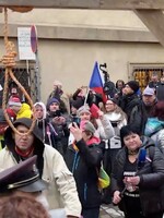 Demonstranti v Praze přinesli před Sněmovnu šibenici